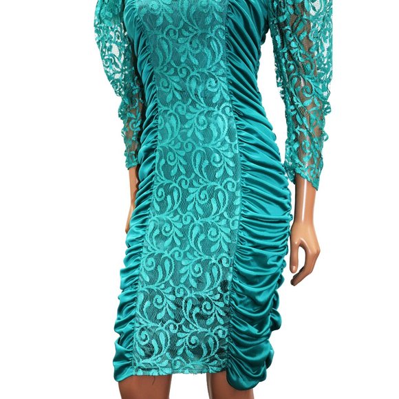 Mavens of California Vintage Body Con 80s Ruche Party Dress Puff Lace Sleeve 7 - Picture 3 of 10